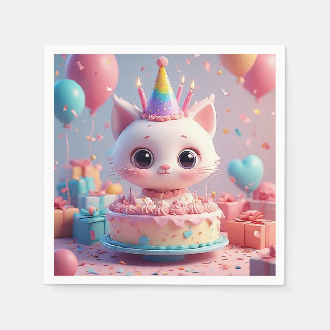 Adorable Animated Cat Celebrating a Birthday Party Napkin (Front)
