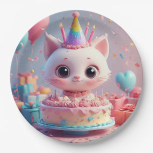 Adorable Animated Cat Celebrating a Birthday Party Paper Plate