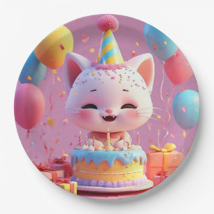 Adorable Animated Cat Celebrating a Birthday Party Paper Plate
