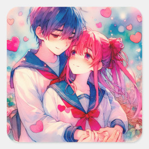 Adorable Anime Boy and Girl Red Hearts Square Sticker