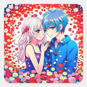 Adorable Anime Couple Romantic Square Sticker