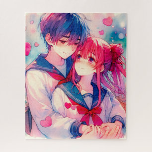 Adorable Anime Themed Personalized Valentine's Day Jigsaw Puzzle