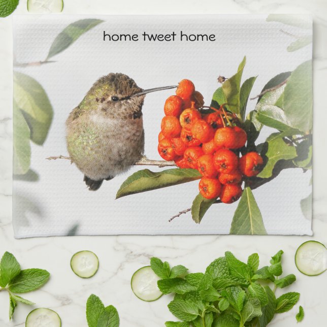 Adorable Anna's Hummingbird on the Berry Bush Tea Towel (Folded)