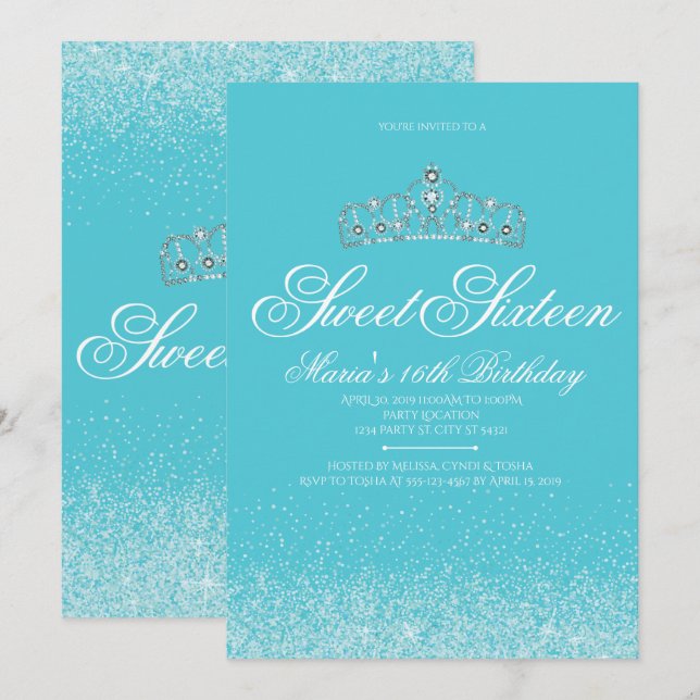 Adorable Aqua Glitter, Sweet 16 Invitations (Front/Back)