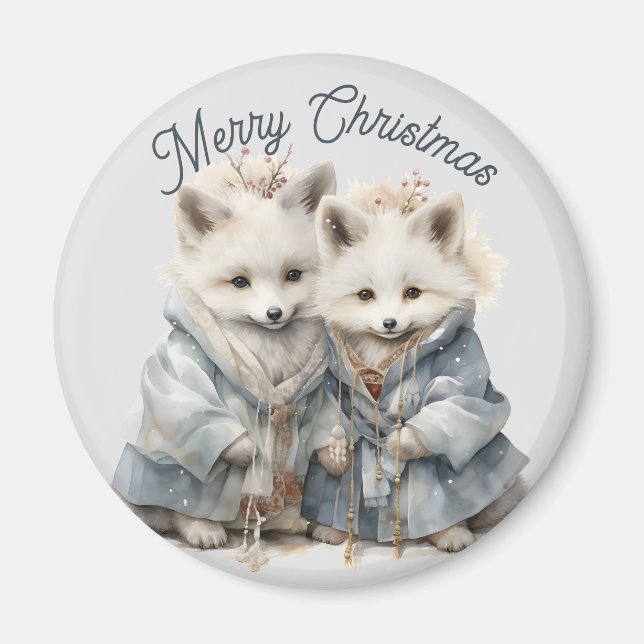 Adorable Artic Fox Holiday Magnet (Front)