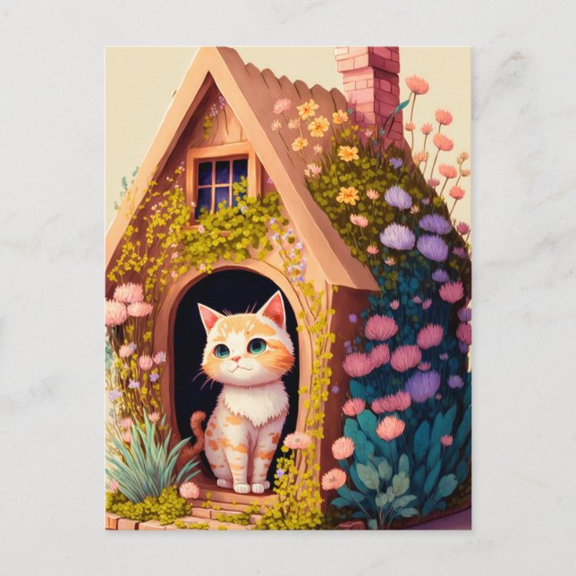 Adorable Artistic Posing Kitty Cat Illustration Postcard (Front)