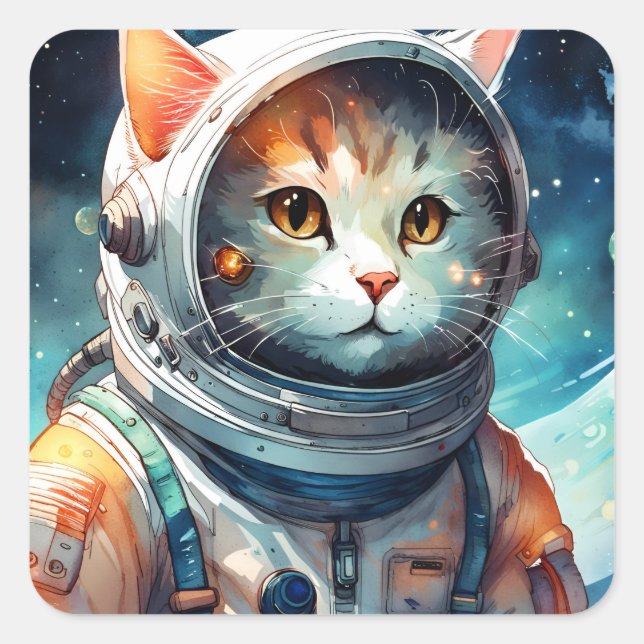 Adorable Astronaut Cat Square Sticker (Front)