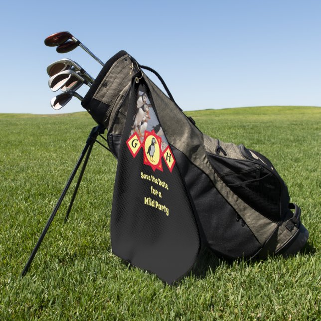 Adorable Atlantic Puffin Cartoon Monogram Photo Golf Towel (Green)