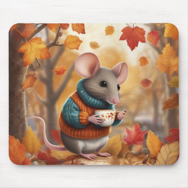 Adorable Autumn Mouse with Colourful Leaves Mat (Front)