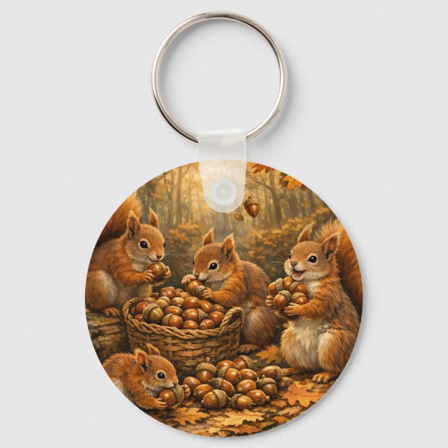 Adorable Autumn Squirrels Acorn Feast Key Ring (Front)