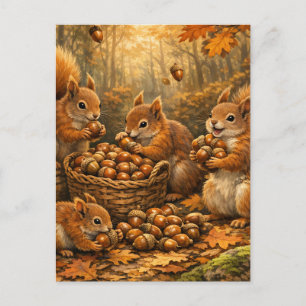 Adorable Autumn Squirrels Acorn Feast Postcard