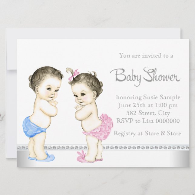 Adorable Babies Pink and Blue Twin Baby Shower Invitation (Front)