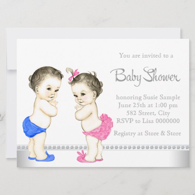 Adorable Babies Pink and Blue Twin Baby Shower Invitation (Front)