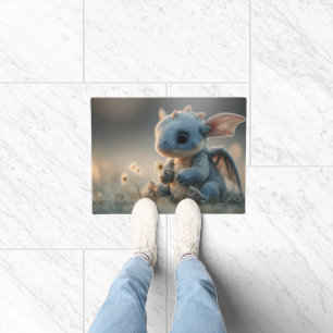 Adorable Baby Blue Dragon Holding a Daisy Doormat