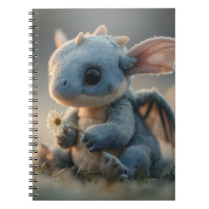 Adorable Baby Blue Dragon Holding a Daisy Notebook