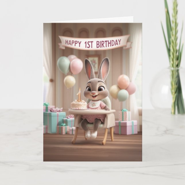 Adorable Baby Bunny First Birthday Celebration Card (Front)