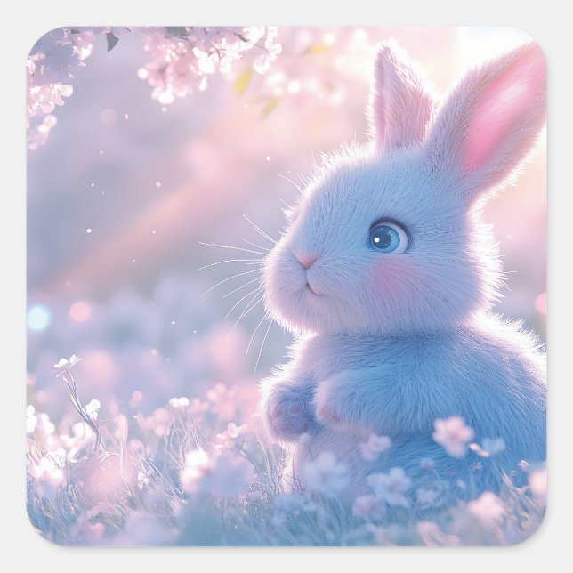 Adorable Baby Bunny in a Field of Flowers Square Sticker (Front)