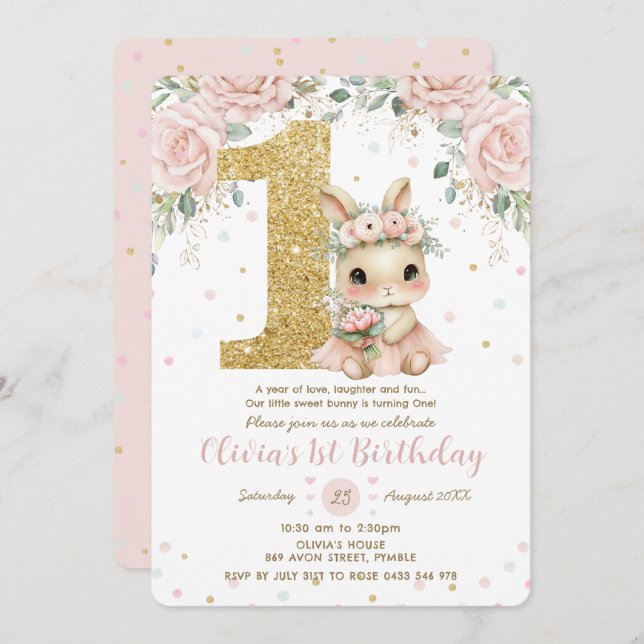 Adorable Baby Bunny Rabbit Blush 1st Birthday One  Invitation (Front/Back)