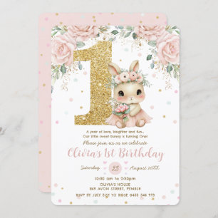 Adorable Baby Bunny Rabbit Blush 1st Birthday One  Invitation