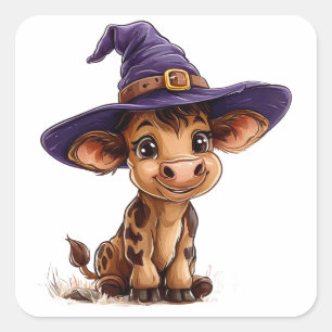Adorable Baby Calf Witch Hat Cute Farm Halloween Square Sticker