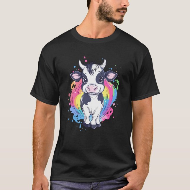 Adorable Baby Calf with Rainbow Splash Cartoon T-Shirt (Front)