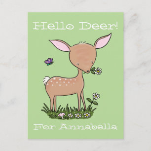 Adorable baby deer and flower cartoon illustration postcard