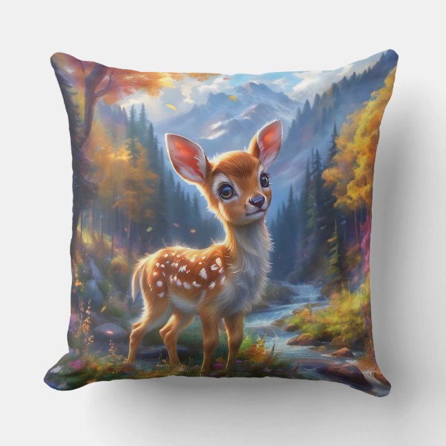 Adorable Baby Deer in an Enchanted Forest Cushion (Front)