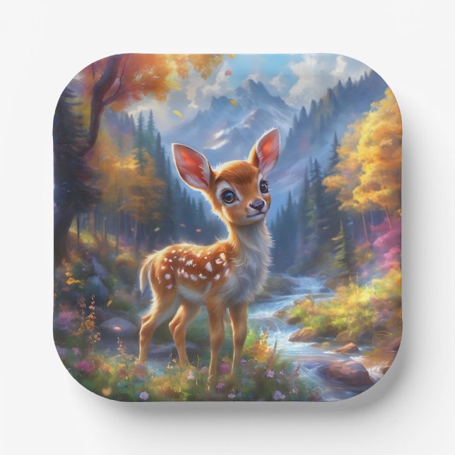 Adorable Baby Deer in an Enchanted Forest Paper Plate (Front)