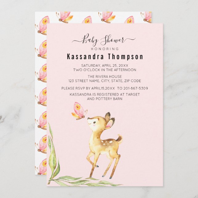 Adorable Baby Deer With Butterfly Baby Shower Invitation (Front/Back)