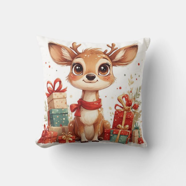 Adorable Baby Deer With Festive Antlers Cushion (Front)