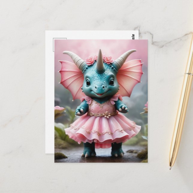Adorable Baby Dino in a Pink Dress Postcard (Front/Back In Situ)