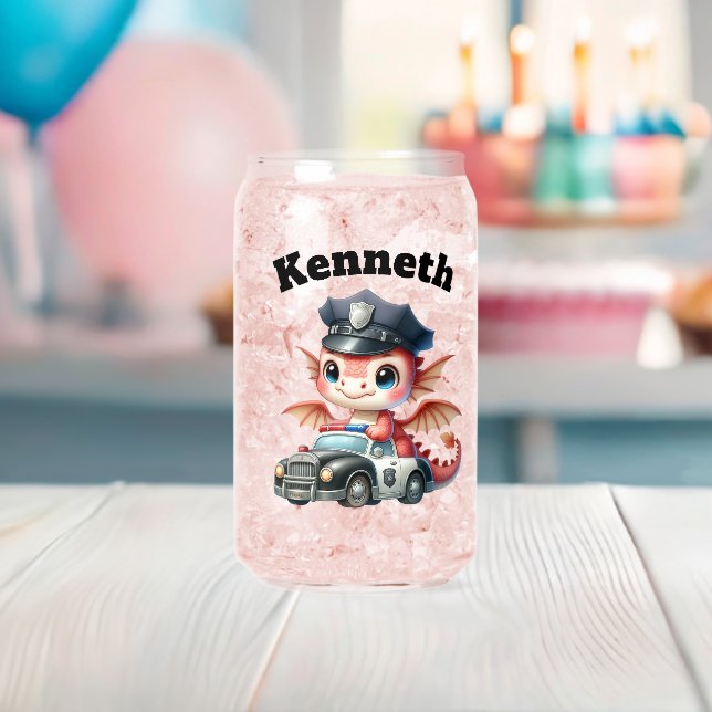 Adorable baby dragon in a police car on patrol can glass (Insitu (Baby Shower))