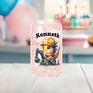 Adorable baby dragon operating a mini excavator can glass