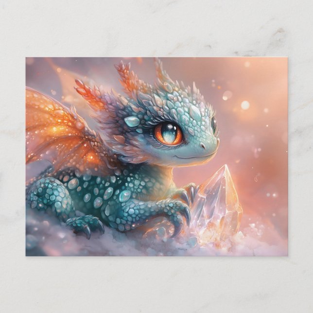 Adorable Baby Dragon with Crystal Gem: Fantasy Art Holiday Postcard (Front)