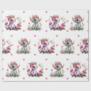 Adorable Baby Dragons & Hearts on White Valentine Wrapping Paper
