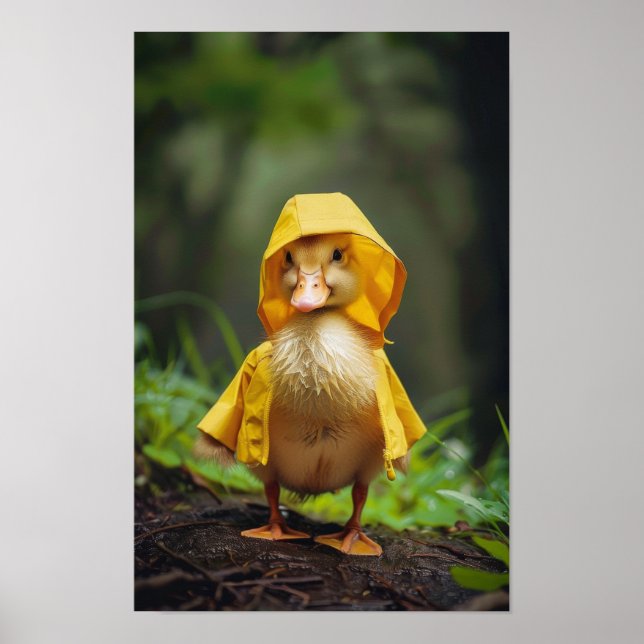 Adorable Baby Duck in Yellow Rain Poster (Front)