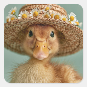 Adorable Baby Duck Wearing a Straw Hat Square Sticker