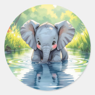 Adorable Baby Elephant and Reflection Classic Round Sticker
