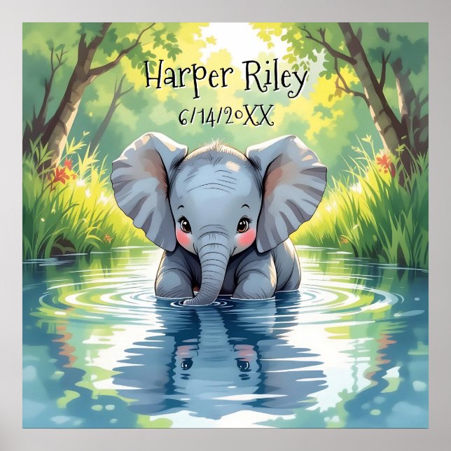 Adorable Baby Elephant and Reflection Personalised Poster (Front)