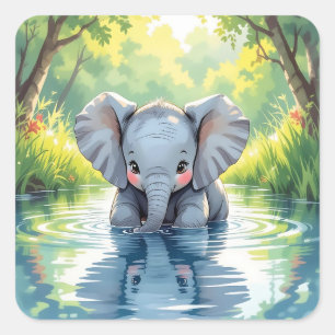 Adorable Baby Elephant and Reflection Square Sticker