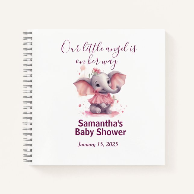 Adorable Baby Elephant Baby Girl Shower Guestbook Notebook (Front)
