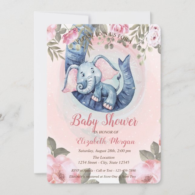 Adorable Baby Elephant Floral Baby Shower Invitation (Front)