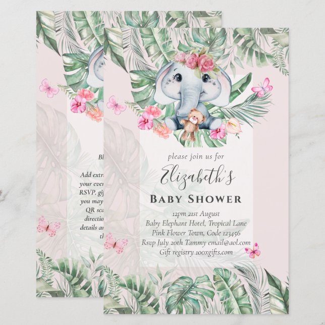 Adorable Baby Elephant Girls Baby Shower Invites (Front/Back)