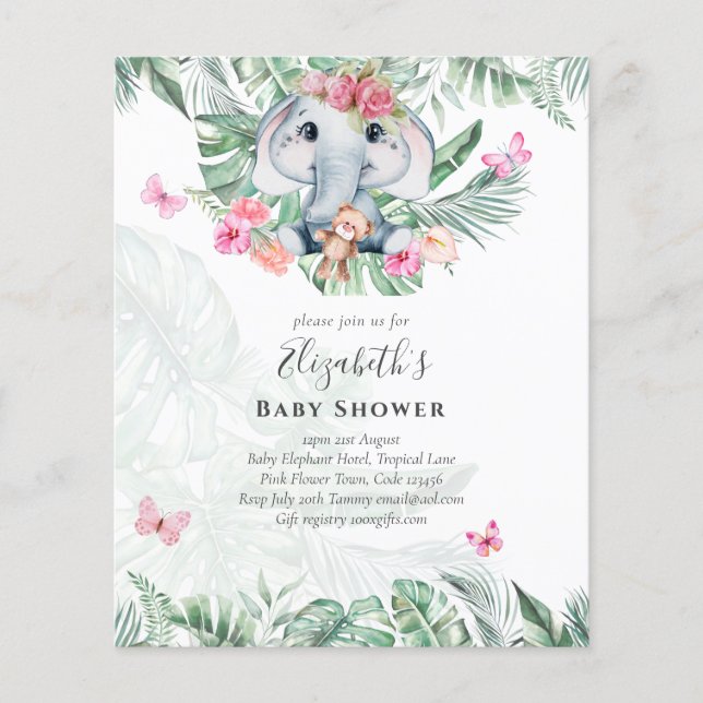 Adorable Baby Elephant Girls Baby Shower Invites Flyer (Front)