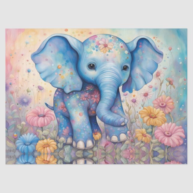 Adorable Baby Elephant In a Pastel Daisy Garden Tissue Paper (Front)