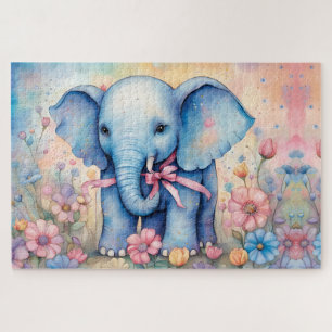Adorable Baby Elephant In a Pastel Garden Jigsaw Puzzle
