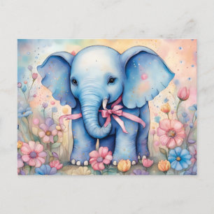 Adorable Baby Elephant In a Pastel Garden Postcard