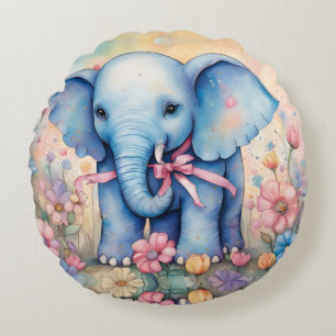 Adorable Baby Elephant In a Pastel Garden Round Cushion