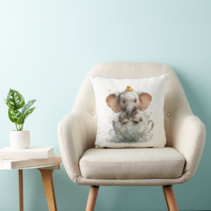 Adorable Baby Elephant in Teacup with Rubber Duck Cushion