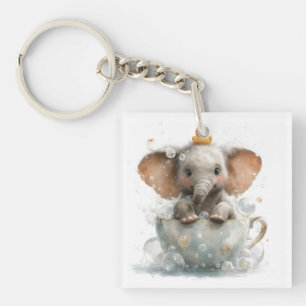 Adorable Baby Elephant in Teacup with Rubber Duck Key Ring